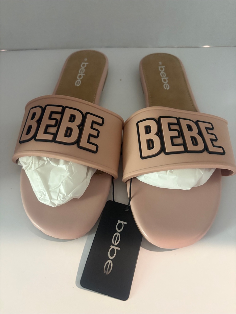 bebe Blush Pink Slide Sandals with BEBE Logo